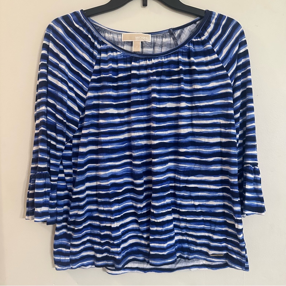 Michael Kors Womens Sz M Blue/White Striped 3/4 Bell Sleeve Blouse Cotton Blend